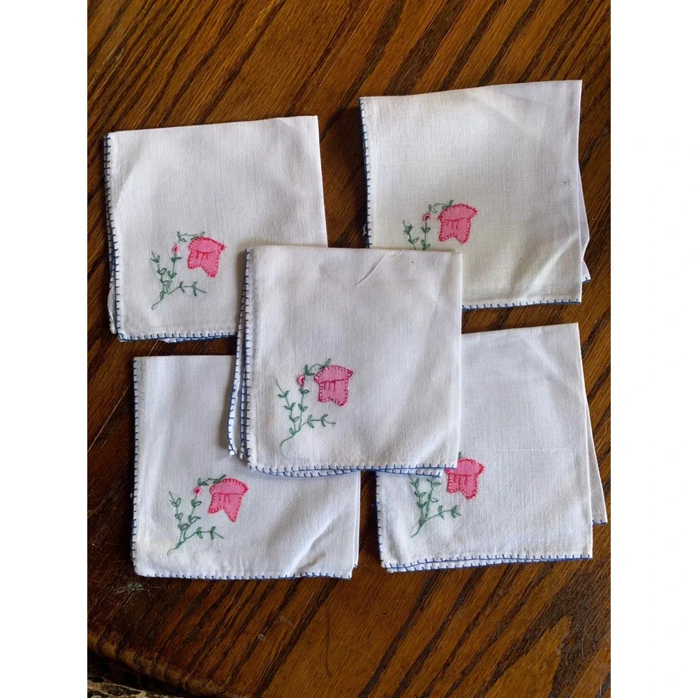 Vintage Hand Embroidered Floral Linen Cocktail Napkin Set of 5 White Pink Blue
